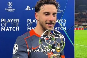 拼命三郎！國米大將奧古斯托領取歐冠單場MVP獎杯